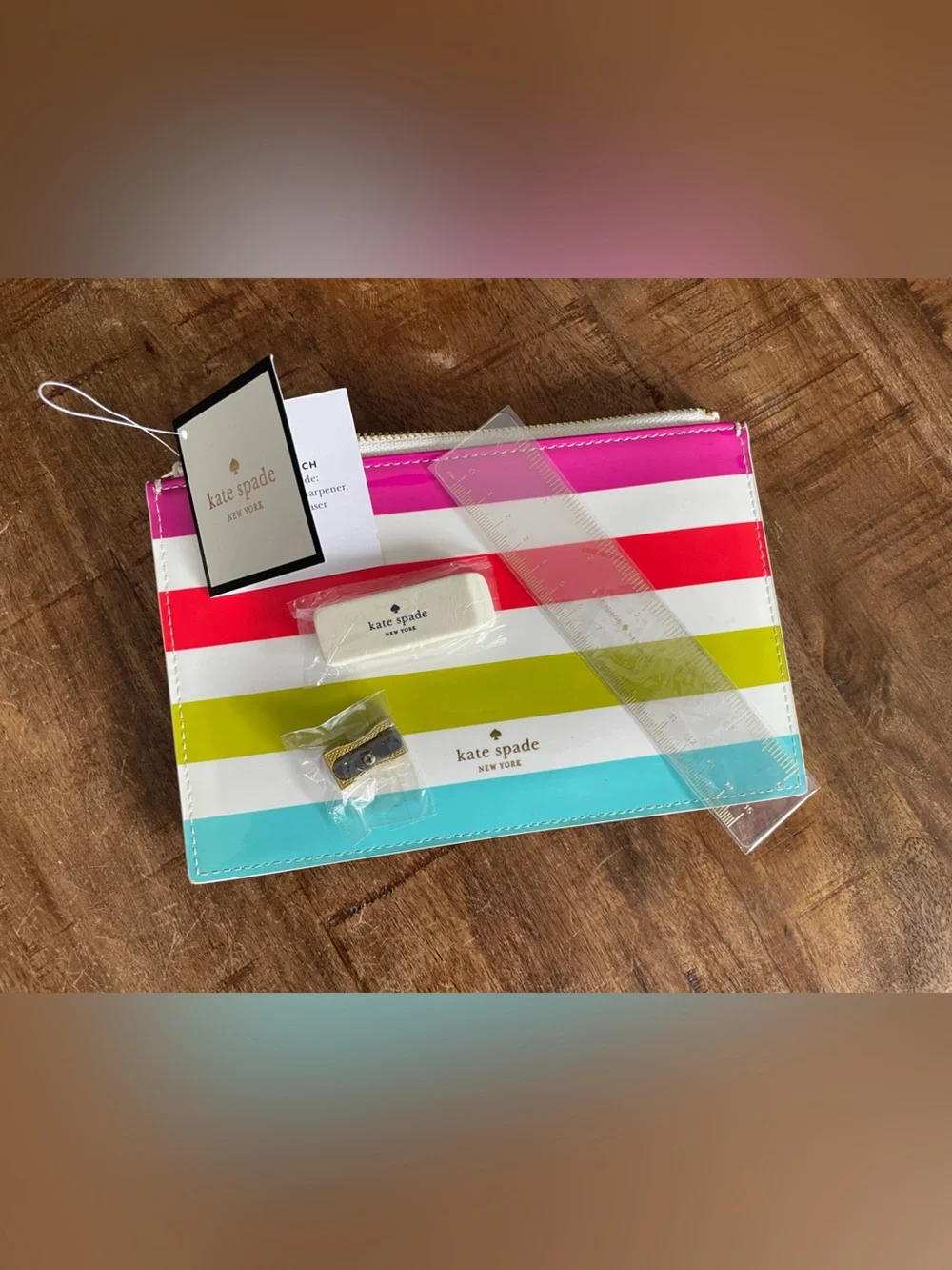 Kate Spade New York Candy Stripe Pencil Pouch Stationery Set Rainbow Zip Case
